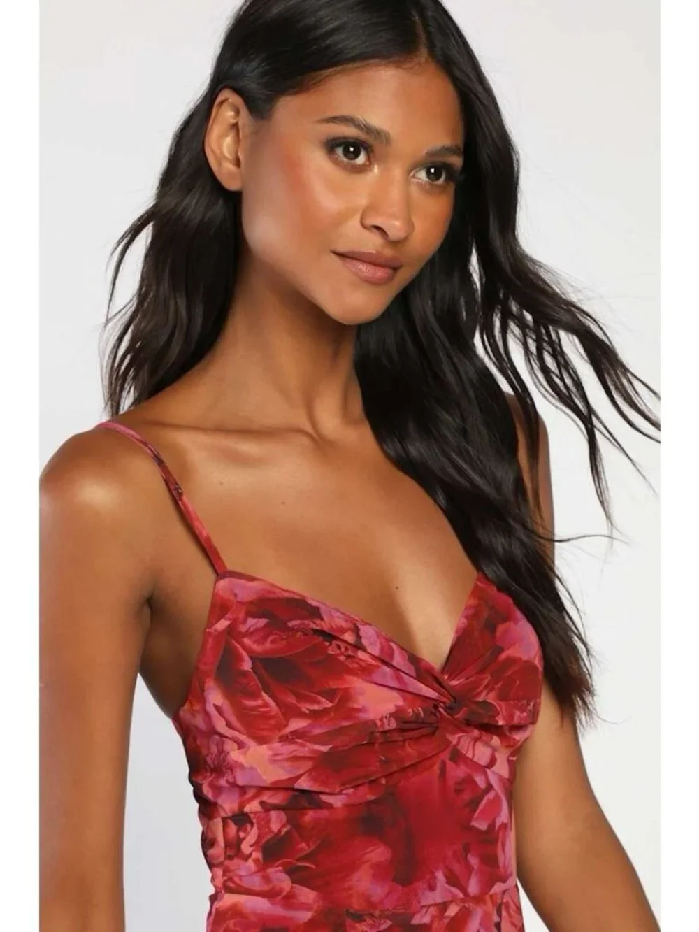 Lulus Beautiful Soul Maxi Dress XL Burgundy Red Floral Twist Front Romantic Gown - Picture 3 of 5